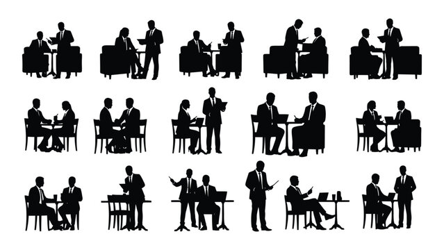 collection of business people meeting and negotiating in office settings silhouette