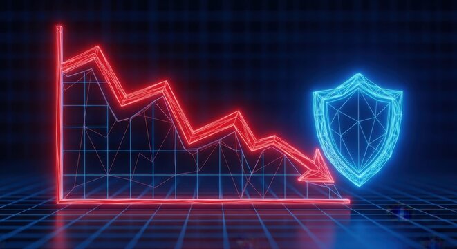 A red graph with a blue shield on a dark background