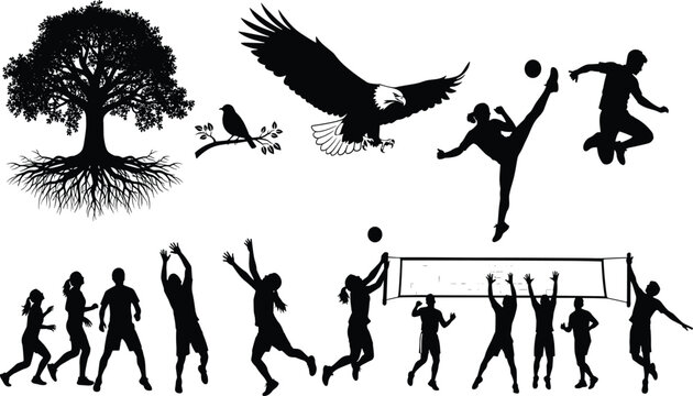 Silhouette collection of a majestic oak tree with roots birds of prey and active people playing volleyball