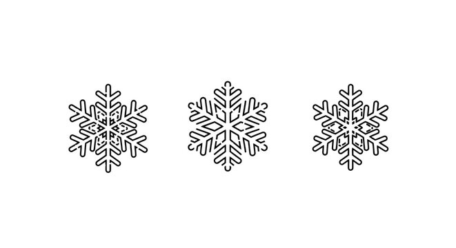 Three elegant symmetrical snowflake line art illustrations.