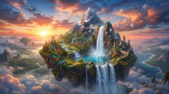 Fantasy Island With Waterfall and Mountain