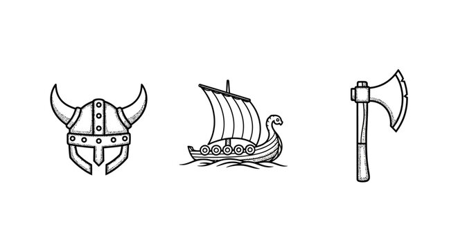 Viking helmet ship and battle axe illustration set.