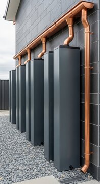 Rainwater, downspout, copper gutter system, modern house exterior
