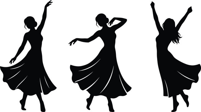 Black and white of three ballet dancers in dynamic poses black silhouette white background de