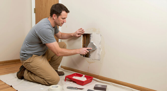 Man patching hole in drywall with joint compound and putty knife. Homeowner repairing wall damage after plumbing leak. DIY home improvement and maintenance