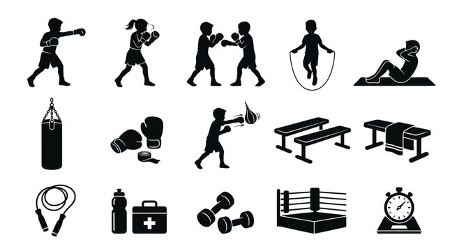 Boxing and Fitness Silhouettes Icons Set - Black and White Vector Glyph Art