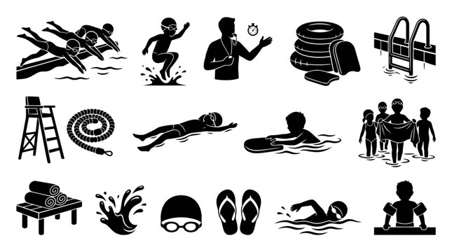 Black  White Glyph Icons of Swimming, Sports, and Water Activities