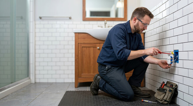 Electrician installing electrical outlet in bathroom. Man with safety glasses connecting wires on white tile wall. Home improvement project