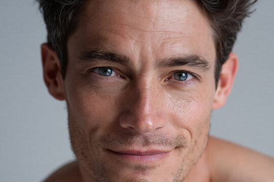 Handsome man with natural glow, smooth but realistic skin, blue eyes, slight smile, close up portrait showing facial texture and stubble