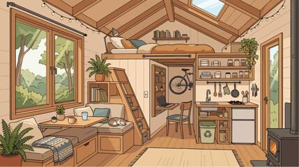 Cozy wooden tiny house interior featuring a loft and kitchen area © hadi