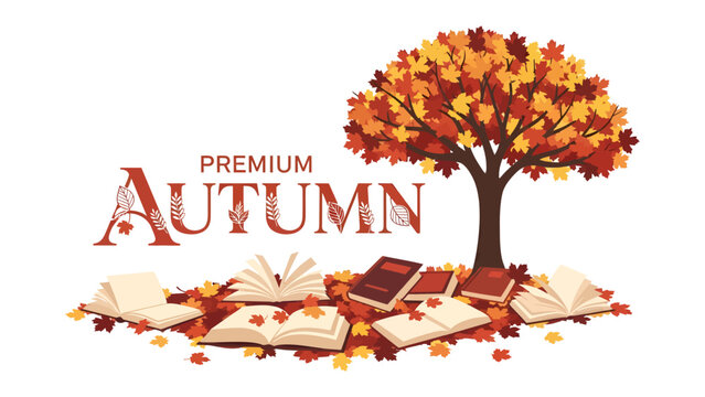 Autumn Leaves and Open Books: A vibrant autumn tree with fiery foliage stands tall amidst a scattering of fallen leaves, surrounded by open books.