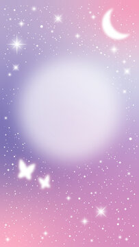 スピリチュアルな夜空の縦長背景。月と蝶のゆめかわいいフレームイラスト（ベクター）。
