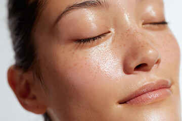 Fototapeta premium Young woman with radiant hydrated skin, closed eyes, dewy complexion, subtle freckles, smooth texture, relaxed expression