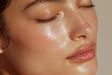 Fototapeta premium Hydrated radiant skin soft glow close up portrait with closed eyes and natural makeup showing dewy complexion and smooth texture, serene expression and gentle warm lighting