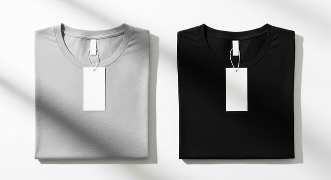 Folded gray and black t-shirts with blank white tags on a white surface with shadow patterns