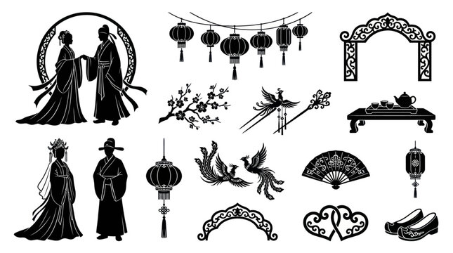 Chinese Traditional Wedding and Cultural Elements Black and White Glyph Vector Icon Set