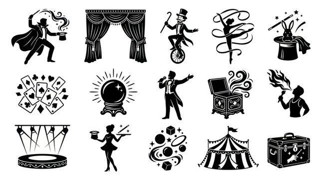 Black  White Glyph Icons of Magic and Circus Performance - Illusion, Performance, Show