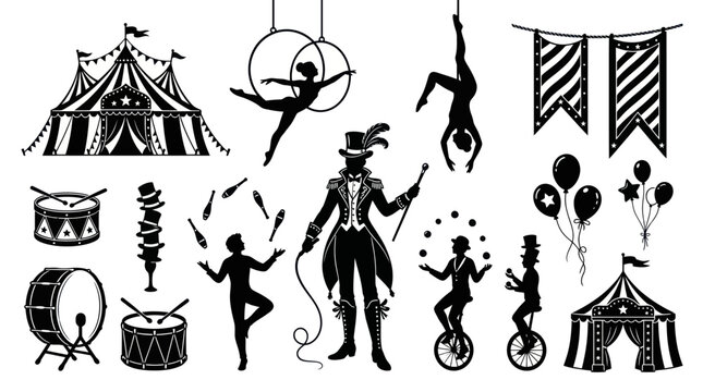 Circus Performance Vector Icons: Tent, Acrobats, Jugglers, Unicyclists, Drums, Black  White