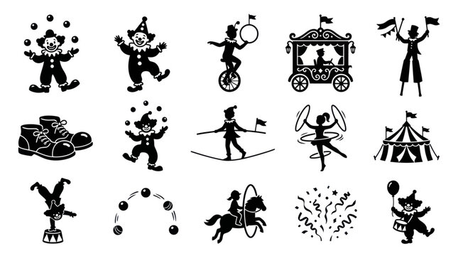 Black  White Circus Entertainment Icons Set - Glyph Silhouettes of Clowns, Performers, and Show Elements