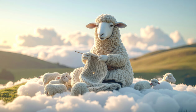 A giant fluffy sheep knits a soft cloud sweater for its flock amidst a dreamy sky