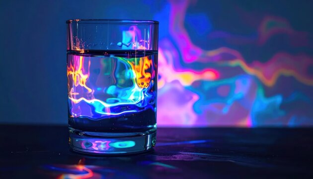 Glass of Water Illuminated by Vibrant Abstract Colorful Lights.