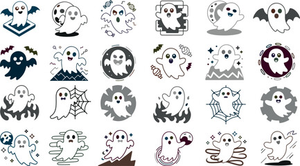 Obraz premium Collection of cute ghost icons in various styles and poses on white background