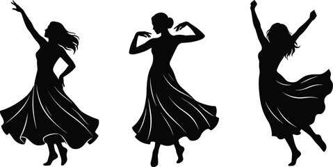 Black of three dancing ballerinas in flowing dresses black silhouette ballet dancer dynamic pose des © MSTMOMOTAJ