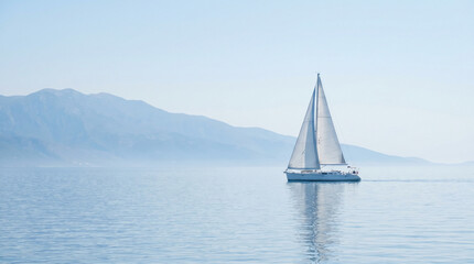 Fototapeta premium Breathtaking sunrise over the ocean featuring a sailing yacht gliding across calm waters with bright glowing golden reflections and mountain silhouettes.