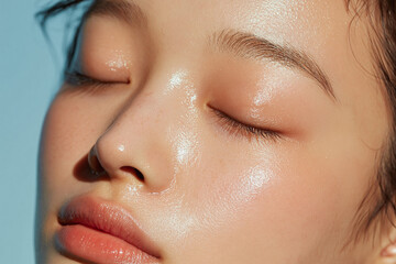 Fototapeta premium Radiant hydrated skin close up of Korean woman with dewy complexion, smooth texture, natural makeup and closed eyes conveying calm and freshness