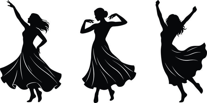 Black of three dancing ballerinas in flowing dresses black silhouette ballet dancer dynamic pose des