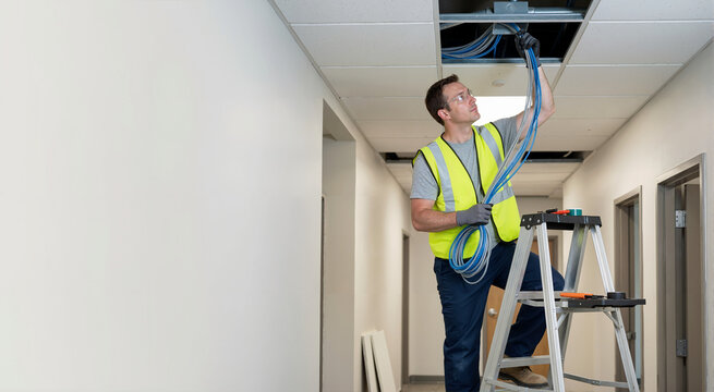 Male technician pulling network cables through drop ceiling in office hallway. Professional electrician on ladder installing wiring infrastructure