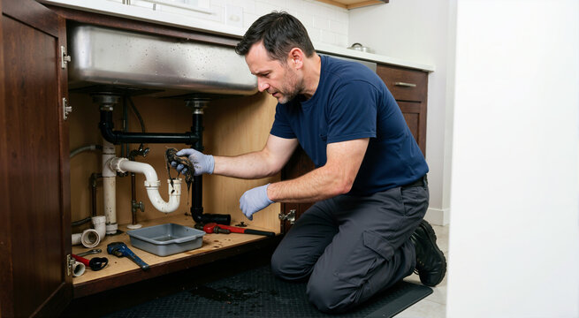 Male plumber pulling dirty hair clog from disassembled kitchen sink drain pipe. Professional handyman fixing blocked plumbing under cabinet