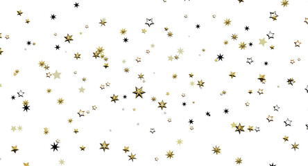 Obraz premium Festive background with gold and black stars confetti on a white backdrop, perfect for holidays or celebrations. Ideal f