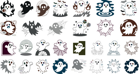 Obraz premium Collection of various cartoon ghosts and spooky icons in different colors and designs on white background