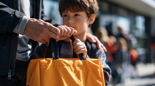 Back to school anxiety portrayed through close view of child's hands gripping lunch bag handle tightly while parent's reassuring hand rests on small shoulder at noisy elementary school entrance duri