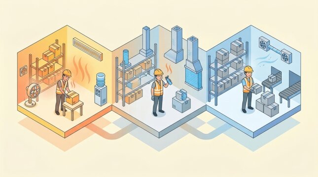 Workers in a warehouse adjust to temperature changes as they handle boxes and equipment in various areas designed for safety.