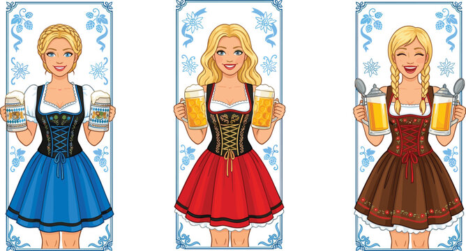 Beautiful blonde German girls wearing traditional dirndl dresses holding beer mugs for Oktoberfest festival vector illustration banners