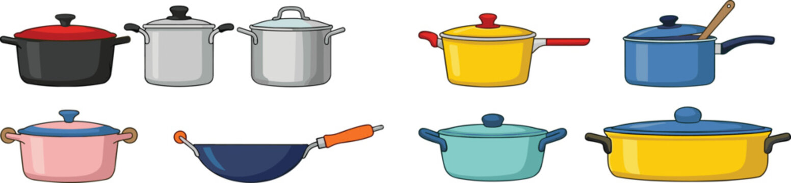 Vector illustration collection of colorful kitchen pots pans and wok cookware set isolated on white background