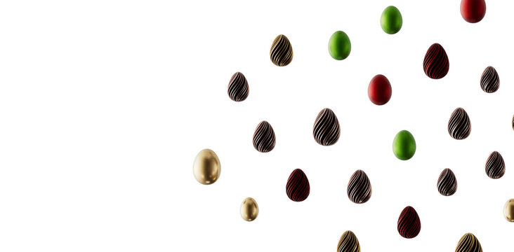 Elegant arrangement of chocolate, golden, green, and red Easter eggs. Perfect for holiday design, Easter cards, and spr