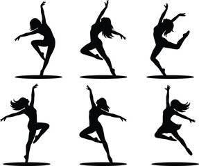 Black silhouette ballet dancers performing pirouette poses on white background © MSTMOMOTAJ