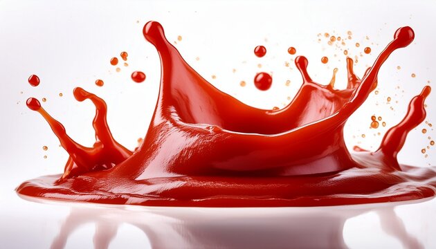 splash of ketchup on white background glossy red sauce with detailed liquid texture and messy drop effect perfect for culinary designs food related decorations or kitchen projects