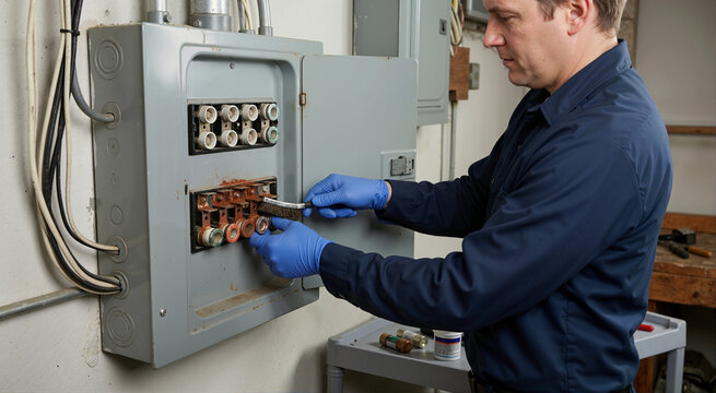 Electrician cleaning rusty contacts in an old electrical fuse box. Man using a wire brush on a vintage power panel in a basement