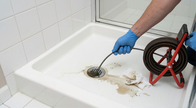 Plumber using a drain snake to clear a clogged shower drain. Professional fixing a sewer backup in a bathroom