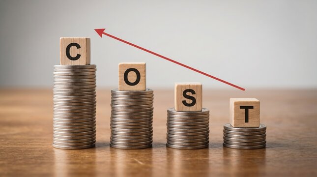 Cost reduction and savings shown by decreasing stacks of coins with the word COST spelled out above, indicating financial improvement