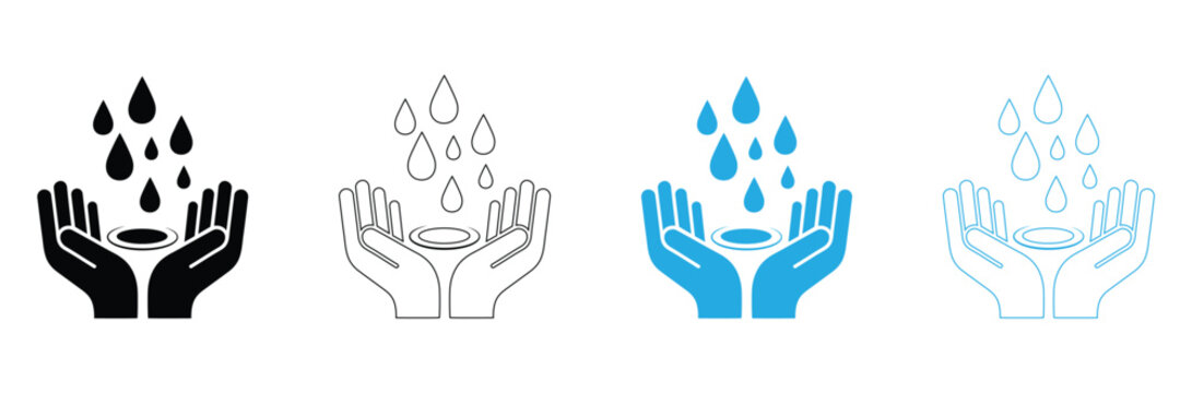 Four color variations of hand holding water droplets icon on white background for conservation concepts
