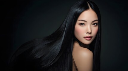 Fototapeta premium Elegant Asian Woman with Long, Shiny Black Hair Beauty Portrait Adorned with a Dark Backdrop Showcasing Hair Care Excellence