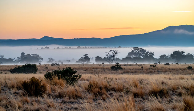 Misty African Savannah Sunrise with Golden Grasslands and Silhouetted Trees Under a Warm Hued Sky