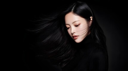Naklejka premium Elegant studio portrait of a beautiful woman with luxurious, flowing dark hair, radiating natural grace and serenity against a dramatic black background, emphasizing her calm and thoughtful expression