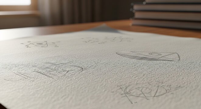 Close-up of sketches on paper with books in the background.
