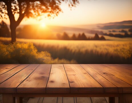 empty wooden tabletop as the main subject representing organic living background with soft rural tones and gentle depth natural lighting with warm highlights enhancing authenticity wide shot with a
